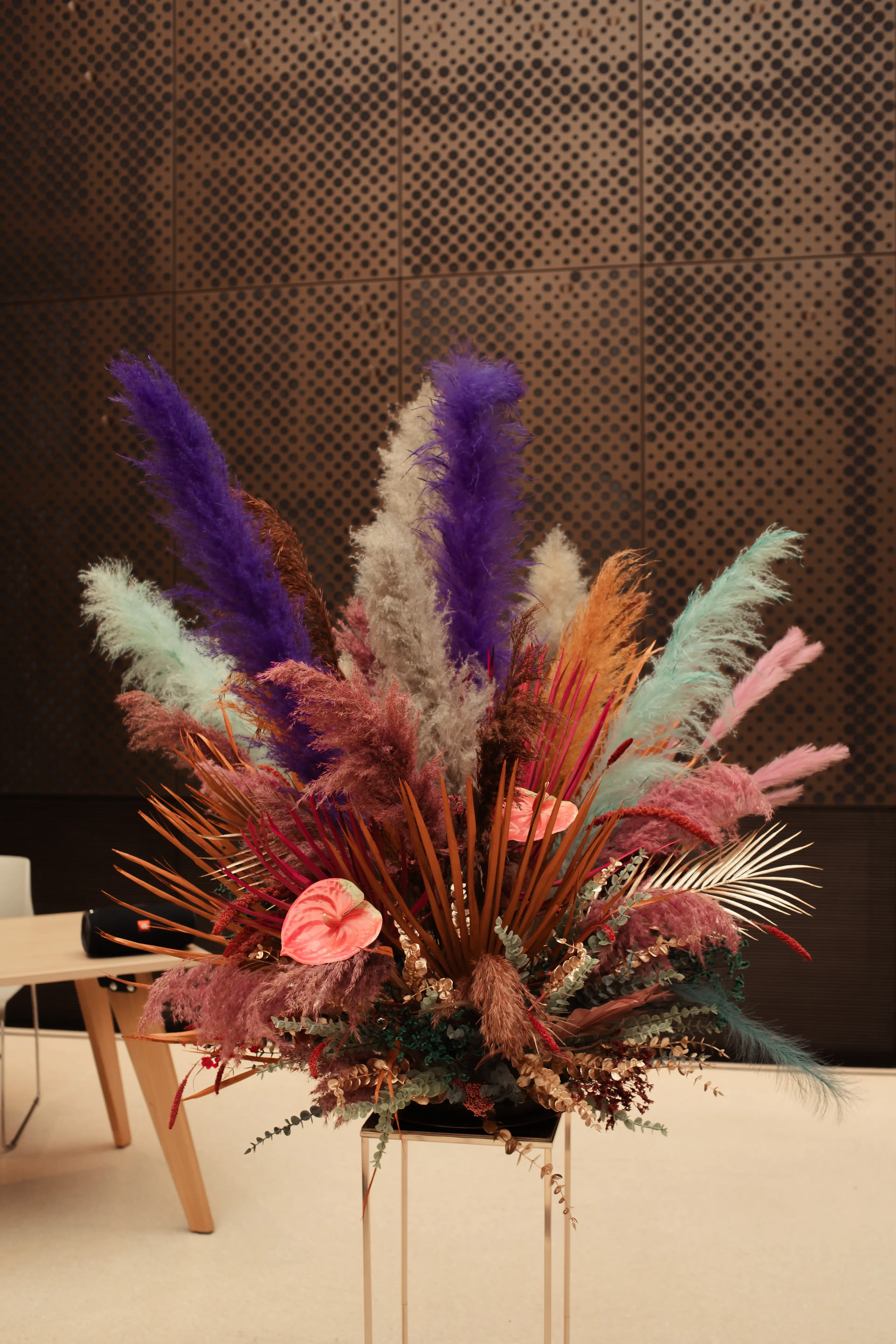 Some colourful floral styling inside Hackney Town Hall, London