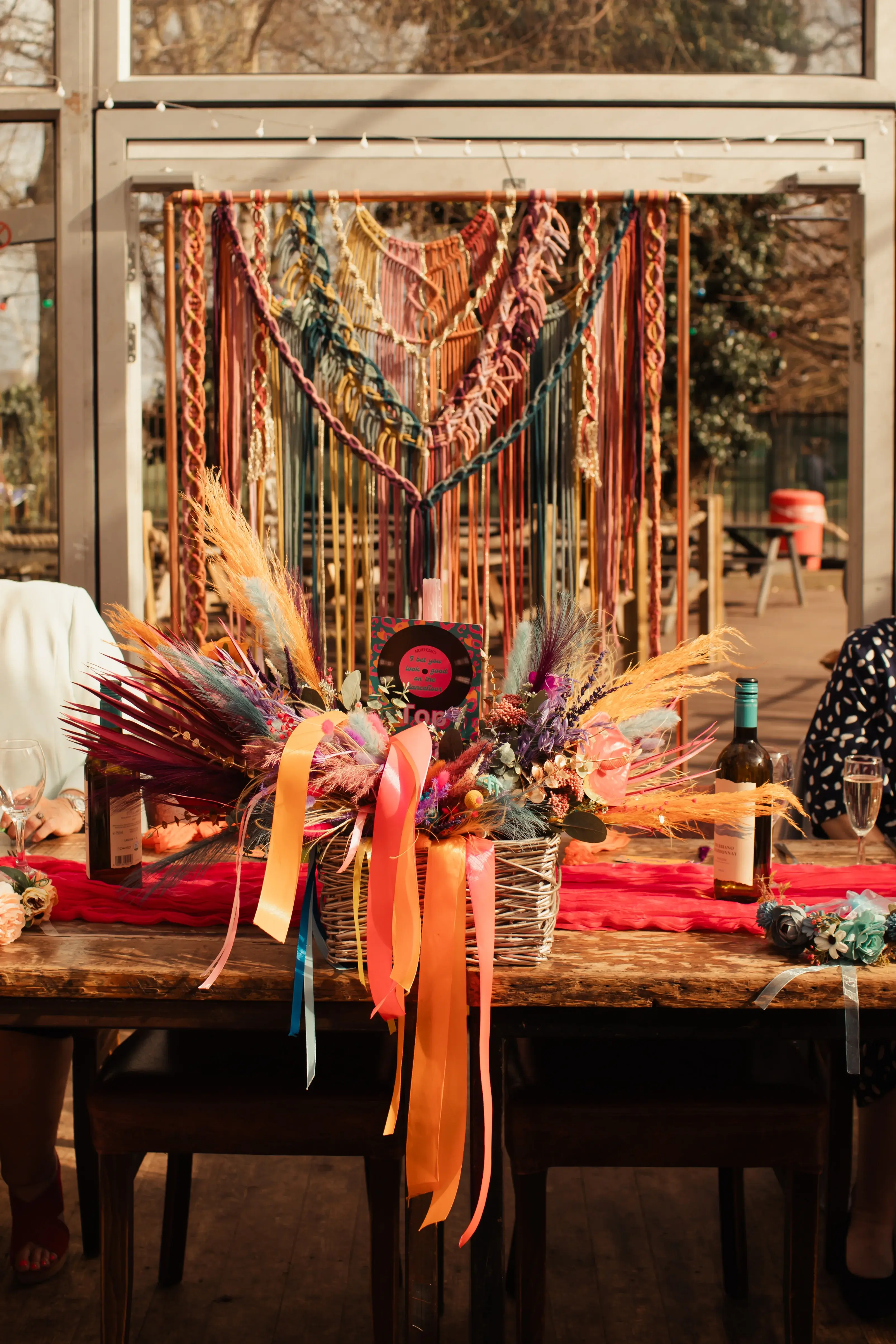 Colourful decorations at a London pub wedding reception in Hackney