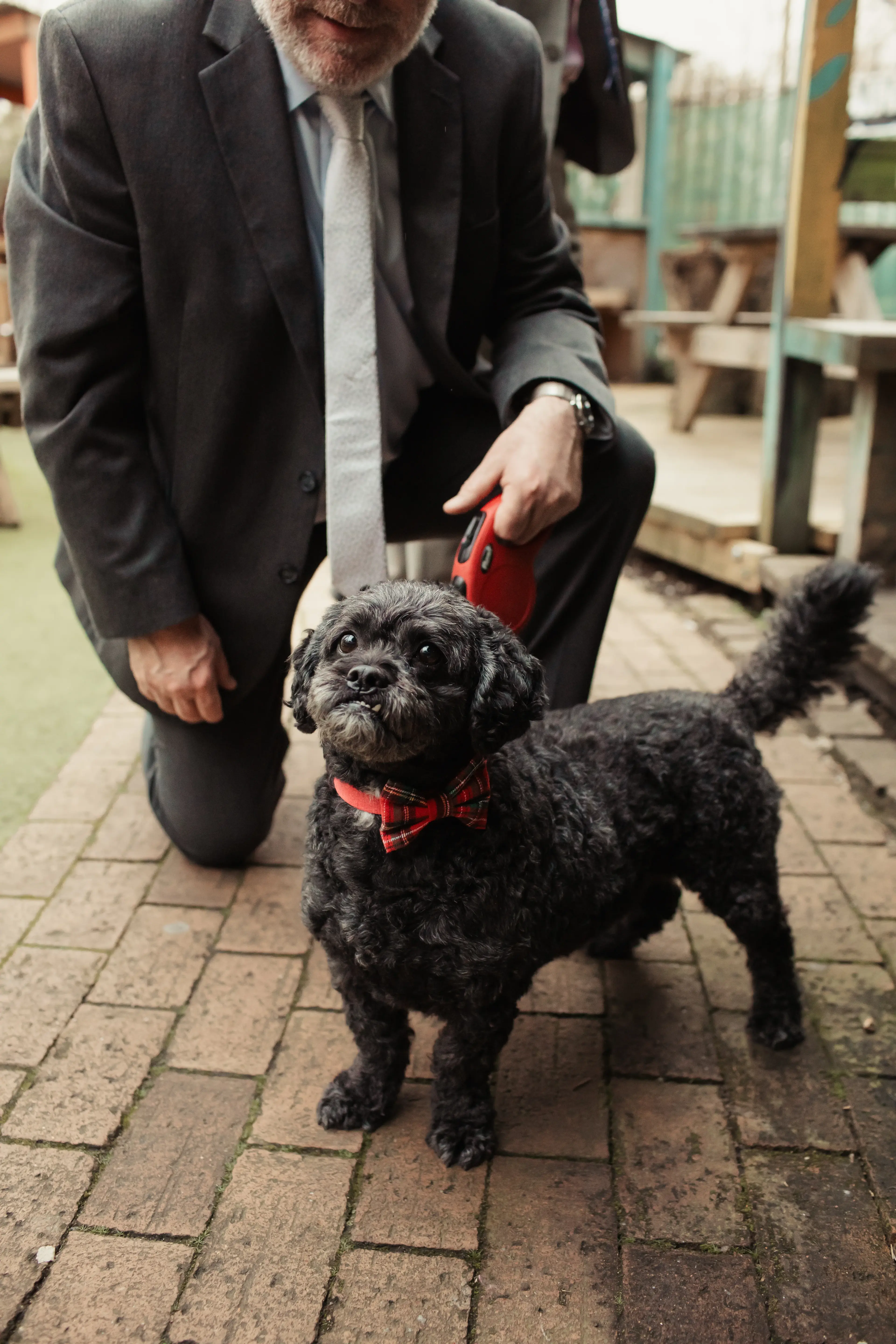 A wedding guest with his dog outside the People's Park Tavern